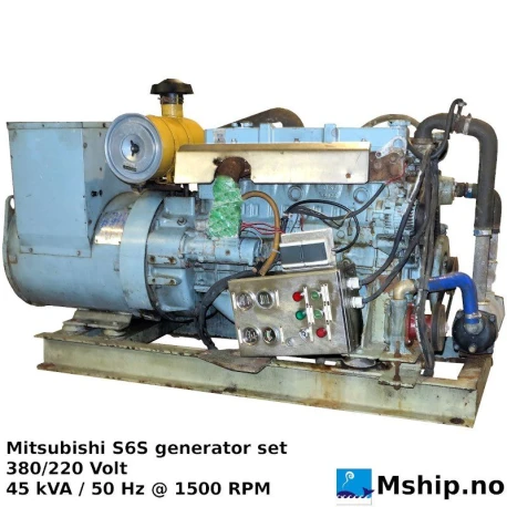 Mitsubishi S6S   45 kVA generator set — Manufacturer: Mitsubishi, Model: S6S, Serial number: S6S-010577, HP: Maximum gross output  77 Hp @ 2500 RPM, kW: Maximum gross output  57.4 kW @ 2500 RPM, RPM: 1500, Cylinder bore: 94 mm, Piston Stroke: 120 mm, Number of cylinders: 6, Displacement: 4.996 Liter., Cylinder configuration: In line, Rotation direction: CCW - Counter clockwise seen from aft, Fuel Type: Diesel, Weight: Dry weight, engine only 345 kg, Generator end type: Magnaplus, Volt: 380 / 220, HZ: 50