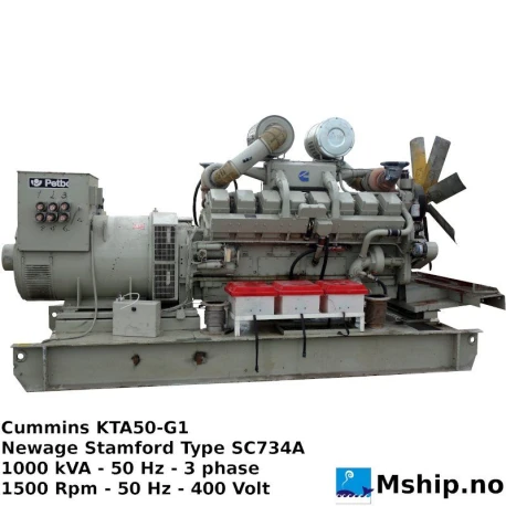 Cummins KTA50-G1 1000 kVA Genset — Manufacturer: Cummins, Model: KTA50-G1, Arrangement number: Conf. No D283011DX02, Serial number: 33111905, Year: 1987, HP: 1300 @ 1500 RPM / 1490 @ 1800 RPM, kW: 969 @ 1500 RPM / 1111 @ 1800 RPM, RPM: 1500, Running Hours: 159, Fuel Type: Diesel, Generator end type: Newage Stamford SC734A  Serial No L8106, Amps: 1443, Volt: 400, HZ: 50, kVA: 1000
