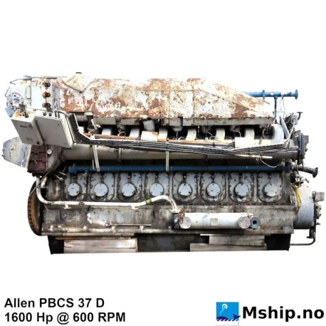 Allen PBCS 37 D — Manufacturer: Allen Diesel, Model: PBCS 37 D, Serial number: D4/72252/A, HP: 1600, kW: 1193, RPM: 600, Cylinder bore: 325 mm, Piston Stroke: 370 mm, Number of cylinders: 8, Displacement: 306,94 Liter, Cylinder configuration: In line