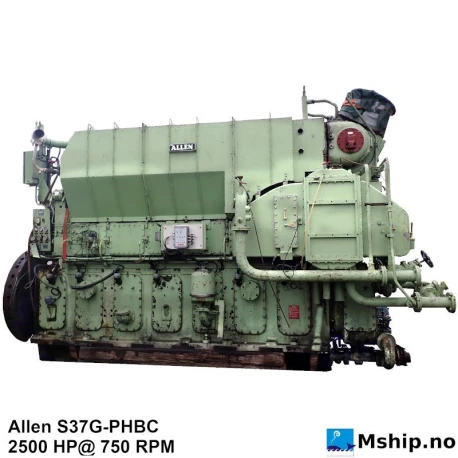 Allen S37G-PHBC — Manufacturer: Allen Diesel, Model: S37G-PHBC, Serial number: D5/59371, HP: 2500, kW: 1864, RPM: 750, Cylinder bore: 325 mm, Number of cylinders: 6, Displacement: 191,03 Liter, Cylinder configuration: In line, Rotation direction: Port Main engine., Other: No.4 from aft large end bearing is 4.5 mm oversize. - see photo description.