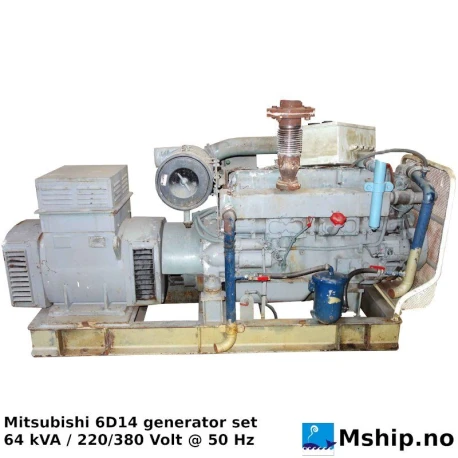 Mitsubishi 6D14 64 kVA generator set — Manufacturer: Mitsubishi, Model: 6D14, Serial number: 541939, Performance specification: Engine peak power is 155–160 PS (114–118 kW) @ 2800 RPM, Year: 1989, HP: 77, kW: 57, RPM: 1500 (generator use) 2800 (other purpose use), Running Hours: 53445, Cylinder bore: 100 mm, Piston Stroke: 115 mm, Number of cylinders: 6, Displacement: 6,557 Liter, Cylinder configuration: In line, Rotation direction: CCW - Counter clockwise seen from aft, Fuel Type: Diesel, Generator end type: Indar LGB-225-M/4  No 890.699, Amps: 97, Volt: 220/380, HZ: 50, kVA: 64