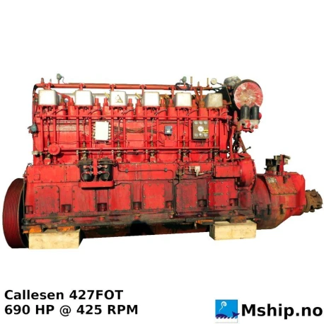Callesen Diesel  427 FOT — Manufacturer: Callesen, Model: 427 FOT, Serial number: 8624, Year: 1984, HP: 690, kW: 508, RPM: 425, Cylinder bore: 270 mm, Piston Stroke: 400 mm, Number of cylinders: 6, Displacement: 137,41 Liter, Cylinder configuration: In line, Rotation direction: CCW, Fuel Type: Diesel, Gear type: Non Reversing Gearbox  CPP  - to be used with controllable pitch propeller, Gear ratio: 1:1