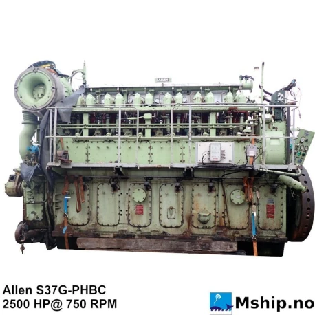 Allen S37G-PHBC — Manufacturer: Allen Diesel, Model: S37G-PHBC, Serial number: D5/59372, HP: 2500, kW: 1864, RPM: 750, Cylinder bore: 325 mm, Number of cylinders: 6, Displacement: 191,03 Liter, Cylinder configuration: In line, Rotation direction: STB Main engine.