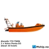 Alusafe 770 Twin — Manufacturer: Alusafe, Model: 770 Twin, Running Hours: 150, Weight: Weight empty: 2 450 kg,  Davit load with 10 persons: 3 500 kg, Remarks: Max speed w/3 persons (250 HP): 31-33 knots - with  Volvo Penta 2x D3 engines, Length Overall LOA Meter: Overall length: 8,15 meters, Length between Perpendicular Meter: Length hull: 7,0 meters, Molded Breadth Meter: Breadth extreme: 2,7 meters, Breadth hull: 2,1 metres , Draft (Maximum) Meter: 0,45 metres, Total Propulsion HP:: 250, Propulsion:: 2x Hamilton 213 Waterjets