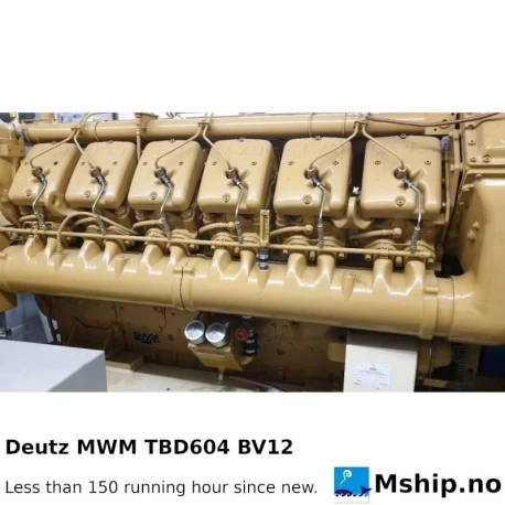 Deutz MWM TBD604 BV12 — Manufacturer: Deutz MWM, Model: TBD604 BV12, Serial number: 7285036, Year: 1986, HP: 1475 hp  @ 1500 rpm 1632 hp  @ 1690 rpm / 1795 hp  @ 1745 rpm, kW: 1100 kW@ 1500 rpm / 1200 kW @ 1690 rpm / 1320 kW @ 1745 rpm, RPM: 1500 /1690 / 1745, Running Hours: less than 150 since new, Cylinder bore: 170 mm, Piston Stroke: 195 mm, Number of cylinders: 12, Displacement: 53,1 Liter, Cylinder configuration: V-engine, Rotation direction: CCW - Counter clockwise seen from aft, Fuel Type: Diesel, Injection pump type: Block pump with internal camshaft. The camshaft gear wheel of the engine drives the gear
wheel, which is mounted on the internal camshaft of the block pump., Other: IMO type double wall  high pressure injection tubes, Weight: 3,89 ton with flywheel, Fuel consumption: 192 - 202 g/kWh using a fuel with a lower calorific value of 42,700 kJ/kg (10,200 kcal/kg) as
per DIN 6271
