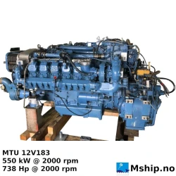 MTU 12V 183 — Manufacturer: MTU, Model: 12V 183, Serial number: 444.901.502.17988, HP: 738, kW: 550, RPM: 2000, Cylinder bore: 128 mm, Piston Stroke: 142 mm, Number of cylinders: 12, Displacement: 22.618 liter, Cylinder configuration: V-engine, Rotation direction: CCW - Counter clockwise seen from aft, Fuel Type: Diesel