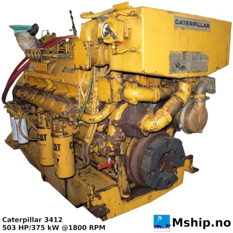 Caterpillar 3412 — Manufacturer: Caterpillar, Model: 3412, Arrangement number: 4N2247, Serial number: 60M02475, Performance specification: 0T4744, HP: 503, kW: 375, RPM: 1800, Running Hours: 36386, Cylinder bore: 137 mm, Piston Stroke: 152 mm, Number of cylinders: 12, Displacement: 27 Liter / 1650 in³ , Cylinder configuration: V-engine, Rotation direction: CCW - Counter clockwise seen from aft, Fuel Type: Diesel