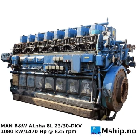 MAN B&W Alpha 8L 23/30-DKV — Manufacturer: B&W Alpha, Model: 8L 23/30-DKV, Serial number: 15028, Year: 1985, HP: 1470, kW: 1080, RPM: 825, Running Hours: 91192, Cylinder bore: 225 mm, Piston Stroke: 300 mm, Number of cylinders: 8, Displacement: 95,42 Liter, Cylinder configuration: In line