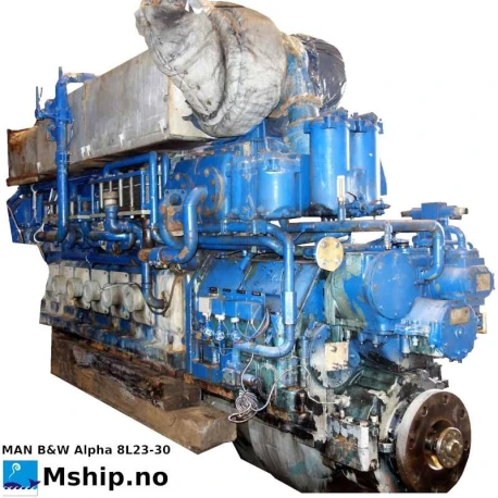 B&W Alpha 8L 23/30 — Manufacturer: B&W Alpha, Model: 8L 23/30, RPM: 825, Cylinder bore: 225 mm, Piston Stroke: 300 mm, Number of cylinders: 8, Displacement: 95,42 Liter, Cylinder configuration: In line