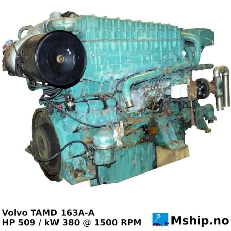 Volvo Penta TAMD163A-A — Manufacturer: Volvo Penta, Model: TAMD163A-A , Arrangement number: SPEC 868772, Serial number: 1101056490/34462, Performance specification: Marine commercial, Year: 1999, HP: 509   - for other ratings, please see text under., kW: 380, RPM: 1500, Running Hours:  Less than 15.000 Running Hours  since new, Cylinder bore: 144 mm, Piston Stroke: 165 mm, Number of cylinders: 6, Displacement: 16.12 liter, Cylinder configuration: In line, Rotation direction: CCW - Counter clockwise seen from aft, Fuel Type: Diesel, Other: Compression ratio 17,0:1