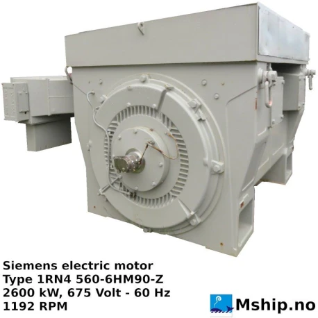 Siemens electric motor Type 1RN4 560-6HM90-Z — Manufacturer: Siemens, Model: 1RN4 560-6HM90-Z, Serial number: 1205871010001, Year: 2008, HP: 3487, kW: 2600, RPM: 1192, Class: DNV, Other: Type of cooling: Water, Weight: 8900 kg, Amps: 3 x 880, Volt: 675, HZ: 60