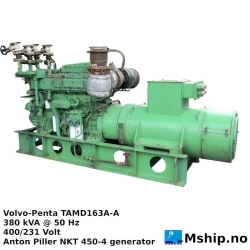 Volvo Penta TAMD163A-A — Manufacturer: Volvo Penta, Model: TAMD163A-A , Manufacturers part number: Spec 868772, Serial number: 1101054964 / 28280, Year: 1997, HP: 509, kW: 380, RPM: 1500, Cylinder bore: 144 mm, Piston Stroke: 165 mm, Number of cylinders: 6, Displacement: 16,12 liter, Cylinder configuration: In line, Rotation direction: CCW - Counter clockwise seen from aft, Fuel Type: Diesel, Class: Germanischer Lloyd, Generator end type: Anton Piller NKT 450-4   No. 1444999/1998, Amps: 548, Volt: 400 / 231, HZ: 50, kVA: 380