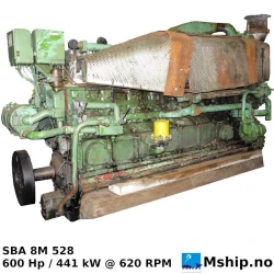 Deutz SBA 8M 528 — Manufacturer: Deutz, Model: SBA 8M 528, Serial number: 6217301, HP: 600, kW: 441, RPM: 620, Cylinder bore: 220 mm, Piston Stroke: 280 mm, Number of cylinders: 8, Displacement: 85,15 Liter, Rotation direction: Uni-directonal, can operate either clockwise or counter clock wice., Fuel Type: MDO or HFO