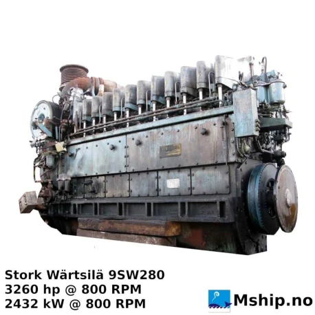 Stork Wärtsilä 9SW280 — Manufacturer: Stork Wärtsilä, Model: 9SW280, Serial number: 8004101, Year: 1988, HP: 3260, kW: 2432, RPM: 800, Running Hours: 45501, Cylinder bore: 280 mm, Piston Stroke: 300 mm, Number of cylinders: 9, Displacement: 166,3 Liters, Cylinder configuration: In line, Rotation direction: CW - Clockwise seen from aft, Turbo model: Turbo is sold and not included with the engine, Other: Completely overhauled 2006. Few hours since overhaul, Weight: 25,3 Ton