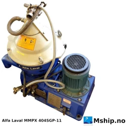 Alfa Laval MMPX 404SGP-11 — Manufacturer: Alfa Laval, Model: MMPX 404SGP-11, Manufacturers part number: 881100-02-01, Arrangement number: Inlet bowl:    561313-01
Outlet bowl: 561137-01
Machine bottom: 561371-01, Serial number: 4100452, Year: 1998, kW: 3, RPM: 9510, Volt: 380, HZ: 50