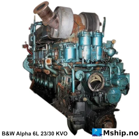 B&W Alpha 6L 23/30 KVO — Manufacturer: B&W Alpha, Model: 6L 23/30 KVO, Serial number: 15016, Year: 1984, HP: 999, kW: 745, RPM: 775, Cylinder bore: 225 mm, Piston Stroke: 300 mm, Number of cylinders: 6, Displacement: 71,57 Liter, Cylinder configuration: In line, Turbo model: Turbo is dismantled/not included.