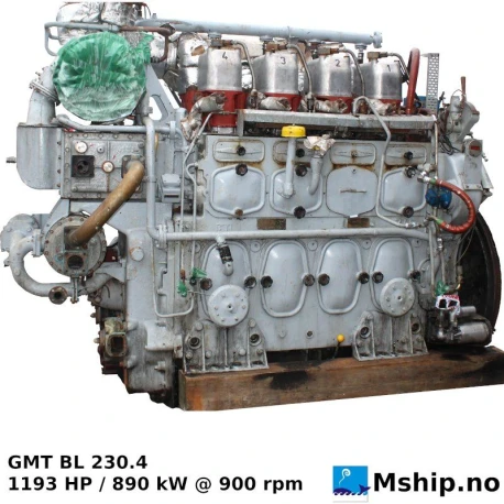 GMT BL 230.4 — Manufacturer: GMT, Model: BL 230.4, HP: 870, kW: 649, RPM: 900, Cylinder bore: 230 mm, Piston Stroke: 270 mm (STD stroke version) (Uncertain - it also exists long stroke version), Number of cylinders: 4, Displacement: 44,87 Liter, Cylinder configuration: In line, Fuel Type: Diesel, Turbo model: VTR 200 N  Specification: ZB4AS 262