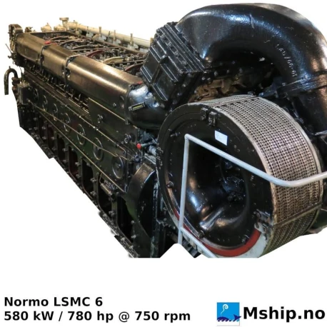 Normo LSMC 6 — Manufacturer: Normo - Bergen Diesel, Model: LSMC 6, Serial number: 7097, Year: 1971, HP: 780, kW: 580, RPM: 750, Cylinder bore: 250 mm, Piston Stroke: 300 mm, Number of cylinders: 6, Displacement: 88,36 Liter, Cylinder configuration: In line, Rotation direction: CW - Clockwise seen from aft, Fuel Type: Diesel, Turbo model: VTR 250, Weight: About 10 ton