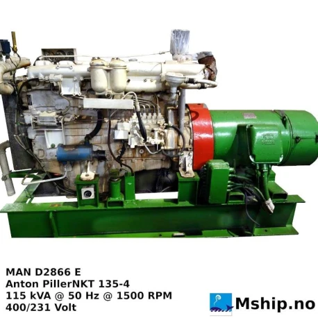 MAN D2866E — Manufacturer: MAN, Model: D2866 E, Serial number: 21322842852294, HP: 150, kW: 110, RPM: 1500, Cylinder bore: 128 mm, Piston Stroke: 155 mm, Number of cylinders: 6, Displacement: 11,97 Liter, Cylinder configuration: In line, Generator end type: Anton Piller  NKT 135-4  , No. 1173 195, Amps: 166, Volt: 400/231, HZ: 50, kVA: 115