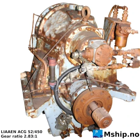 LIAAEN ACG 52/450 gear — Manufacturer: A.M. LIAAEN, Model: ACG 52/450, Serial number: 1446, Year: 1976, Rotation direction: CW - Clockwise seen from aft, Weight: Approx 2500 kg., Gear type: Non Reversing Gearbox  CPP  - to be used with controllable pitch propeller, Gear ratio: 2.83:1