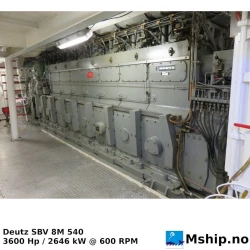 Deutz SBV 8M 540 — Manufacturer: Deutz, Model: SBV 8M 540, Serial number: 5772328, HP: 3600, kW: 2646, RPM: 600, Cylinder bore: 370 mm, Piston Stroke: 400 mm, Number of cylinders: 8, Displacement: 344,08 liter, Cylinder configuration: In line, Turbo model: VTR321-2P , Weight: 37 ton - without flywheel