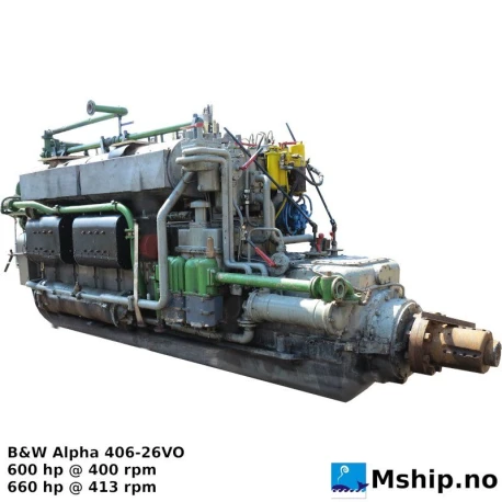 B&W Alpha 406-26VO — Manufacturer: B&W Alpha, Model: 406-26VO, Serial number: 9860, Year: 1968, HP: 600 hp @ 400 rpm / 660 hp @ 413 rpm, RPM: 400/413, Cylinder bore: 260 mm, Piston Stroke: 400 mm, Number of cylinders: 6, Displacement: 127,42 Liter, Cylinder configuration: In line, Fuel Type: Diesel