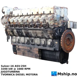 Sulzer 16 ASV 25D — Manufacturer: Sulzer, Model: 16 ASV 25D, HP: 4290, kW: 3200, RPM: 1000, Cylinder bore: 250 mm, Piston Stroke: 300 mm, Number of cylinders: 16, Cylinder configuration: V-engine, Turbo model: BBC Turbocharger. VTR 251 -2N Specification GB7NT, Class: DNV, Other: Licence Manufactured by JUGOTURBINA TVORNICA DIESEL MOTORA, Yugoslavia.
