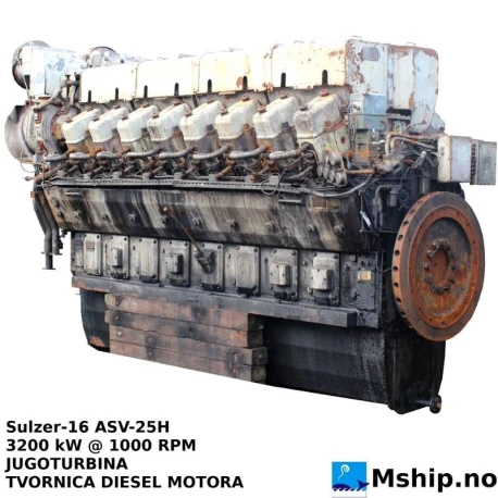 Sulzer 16 ASV 25D — Manufacturer: Sulzer, Model: 16 ASV 25D, HP: 4290, kW: 3200, RPM: 1000, Cylinder bore: 250 mm, Piston Stroke: 300 mm, Number of cylinders: 16, Cylinder configuration: V-engine, Turbo model: BBC Turbocharger. VTR 251 -2N Specification GB7NT, Class: DNV, Other: Licence Manufactured by JUGOTURBINA TVORNICA DIESEL MOTORA, Yugoslavia.