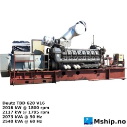 Deutz TBD 620 V16 — Manufacturer: Deutz, Model: TBD 620 V16, Serial number: 2202614, Year: 2001, kW: 2016 @1800 / 2117 @ 1795, Running Hours: 2785, Cylinder bore: 170 mm, Piston Stroke: 195 mm, Number of cylinders: 16, Displacement: 70,8 Liter, Cylinder configuration: V-engine, Rotation direction: CCW - Counter clockwise seen from aft, Fuel Type: Diesel, Generator end type: AVK DSG 86L1-4, Amps: 4099, Volt: 480, HZ: 60