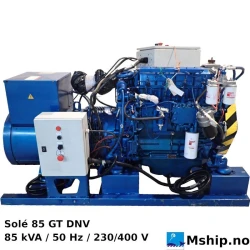 Solé 85 GT DNV Generator set — Manufacturer: Solé, Model: 85 GT, Serial number: 11882928, Year: 2017, HP: 110, kW: 81, RPM: 1500, Cylinder bore: 108 mm, Piston Stroke: 130 mm, Number of cylinders: 4, Displacement: 4764 cm³, Cylinder configuration: In line, Rotation direction: CCW - Counter clockwise seen from aft, Fuel Type: Diesel, Class: DNV GL, Generator end type: Mecc Alte Spa Type ECP34 1S4, Amps: 122, Volt: 230/400, HZ: 50, kVA: 85