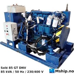Solé 85 GT DNV Generator set — Manufacturer: Solé, Model: 85 GT, Serial number: 11882928, Year: 2017, HP: 110, kW: 81, RPM: 1500, Cylinder bore: 108 mm, Piston Stroke: 130 mm, Number of cylinders: 4, Displacement: 4764 cm³, Cylinder configuration: In line, Rotation direction: CCW - Counter clockwise seen from aft, Fuel Type: Diesel, Class: DNV GL, Generator end type: Mecc Alte Spa Type ECP34 1S4, Amps: 122, Volt: 230/400, HZ: 50, kVA: 85