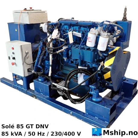 Solé 85 GT DNV Generator set — Manufacturer: Solé, Model: 85 GT, Serial number: 11882928, Year: 2017, HP: 110, kW: 81, RPM: 1500, Cylinder bore: 108 mm, Piston Stroke: 130 mm, Number of cylinders: 4, Displacement: 4764 cm³, Cylinder configuration: In line, Rotation direction: CCW - Counter clockwise seen from aft, Fuel Type: Diesel, Class: DNV GL, Generator end type: Mecc Alte Spa Type ECP34 1S4, Amps: 122, Volt: 230/400, HZ: 50, kVA: 85