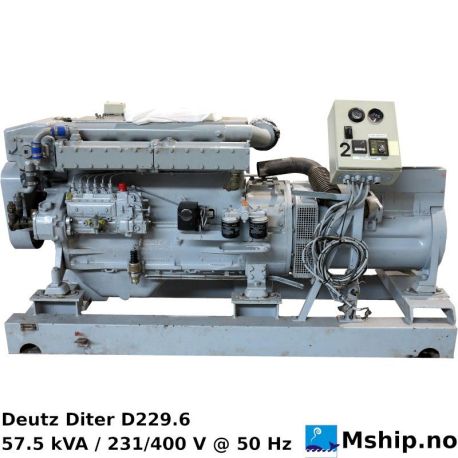 Deutz Diter D229.6 Generator Set — Manufacturer: Deutz, Model: D229.6, Serial number: E229.6.01624, Year: 1994, HP: 62, kW: 46, RPM: 1500, Running Hours: 8698, Cylinder bore: 102, Piston Stroke: 122, Number of cylinders: 6, Displacement: 5981, Fuel Type: Diesel, Generator end type: Mecc Alte Spa, Amps: 144 / 83, Volt: 231 / 400, HZ: 50, kVA: 57.5