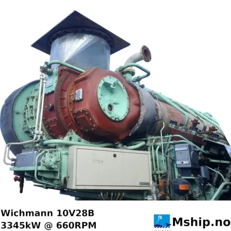 Wichmann 10V28B — Manufacturer: WÄRTSILÄ WICHMANN, Model: 10V28B, Serial number: 6107, Year: 1995, HP: BHP 4550
IHP 5290, kW: Brake power 3345 kW
Indicated power 3890 kW, RPM: 660, Cylinder bore: 280 mm, Piston Stroke: 360 mm, Number of cylinders: 10, Displacement: 221,7 Liter, Cylinder configuration: V-engine, Rotation direction: Port side engine, Turbo model: ABB VTR354-11   HT413029, Class: DNV, Other: Engine speed R/S: 11