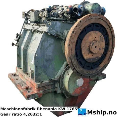 Maschinenfabrik Rhenania KW1765 — Manufacturer: Maschinenfabrik Rhenania, Model: KW1765, Serial number: 8636/79, Year: 1979, kW: 1765, RPM: In 800 RPM, out 188 RPM, Gear type: FP  - normal reverse gear for fixed propeller blades, Gear ratio: 4,2632:1