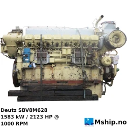 Deutz SBV8M628 — Manufacturer: Deutz, Model: SBV8M628, Serial number: 7300378, Year: 1986, HP: 2152, kW: 1583, RPM: 1000, Cylinder bore: 240 mm, Piston Stroke: 280 mm, Number of cylinders: 8, Displacement: 101340 cm³, Cylinder configuration: In line, Fuel Type: Diesel, Weight: 11500 Kg