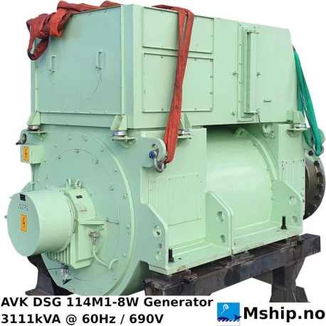 AVK DSG 114M1-8W Generator — Manufacturer: AVK, Model: DSG114M1-8W, Serial number: 8131776 A106, Year: 2014, RPM: 900, Running Hours: 10, Rotation direction: CCW - Counter clockwise seen from aft, Class: ABS, Weight: 11500 Kg, Generator end type: AVK DSG114M1-8W, Amps: 2603,1, Volt: 690, HZ: 60, kVA: 3111