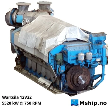 Wärtsilä 12V32 — Manufacturer: Wärtsilä, Model: 12V32, Serial number: 8023, Year: 1998, HP: 7402, kW: 5520, RPM: 750, Cylinder bore: 320 mm, Piston Stroke: 400 mm, Number of cylinders: 12, Displacement: 386 Litres , Cylinder configuration: V-angle  55°, Rotation direction: STB Engine, Fuel Type: HFO/MDO, Turbo model: Napier NA295 , Class: DNV, Weight: 57 Ton