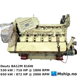 Deutz BA12M 816W — Manufacturer: Deutz, Model: BA12M 816W, Serial number: 7500510, Year: 1986, HP: 829, kW: 612, RPM: 1771, Cylinder bore: 142 mm, Piston Stroke: 160 mm, Number of cylinders: 12, Displacement: 30.408 L, Cylinder configuration: V-engine, Rotation direction: CCW - Counter clockwise seen from aft, Fuel Type: Diesel