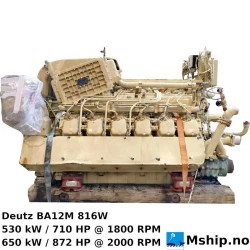 Deutz BA12M 816W — Manufacturer: Deutz, Model: BA12M 816W, Serial number: 7500511, Year: 1986, HP: 829, kW: 612, RPM: 1771, Cylinder bore: 142 mm, Piston Stroke: 160 mm, Number of cylinders: 12, Displacement: 30.408 L, Cylinder configuration: V-engine, Rotation direction: CCW - Counter clockwise seen from aft, Fuel Type: Diesel