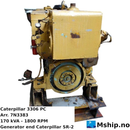 Caterpillar 3306 PC — Manufacturer: Caterpillar, Model: 3306 PC, Arrangement number: Arr. 7N3383, RPM: 1800, Running Hours: 101.000, Cylinder bore: 120.65 mm, Piston Stroke: 152.4 mm, Number of cylinders: 6, Cylinder configuration: In line, Fuel Type: Diesel, Generator end type: Caterpillar SR-2, Volt: 240/480, HZ: 60, kVA: 170 kVA estimated.
