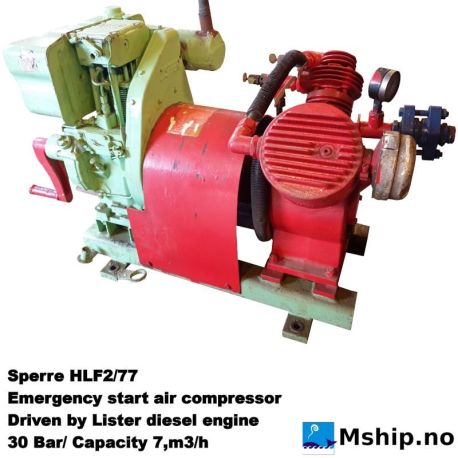 Sperre HLF2/77 air compressor — Manufacturer: Sperre, Model: HLF2/77, Serial number: 70390, Year: 1985, Rotation direction: CCW - Counter clockwise seen from aft, Fuel Type: Diesel, Class: DNV, Other: Driven by Lister Petter diesel engine type LT1A-23, m³ /h, cubic meter per hour capacity: 7,5, Working pressure BAR: 30, Test Pressure BAR: 45