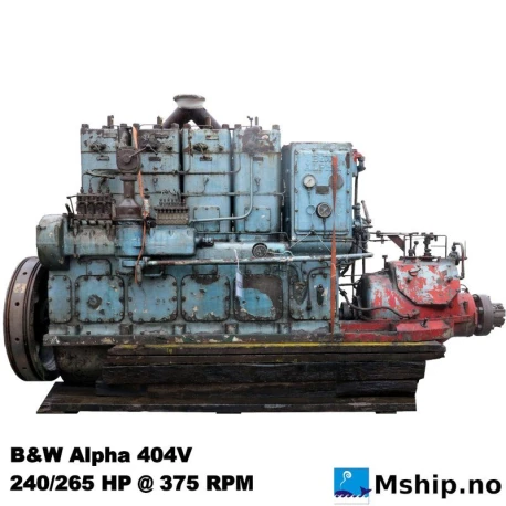 B&W Alpha 404V — Manufacturer: B&W Alpha, Model: 404V, Serial number: 5933, Year: 1946, HP: 240/265, RPM: 375, Number of cylinders: 4, Cylinder configuration: In line, Fuel Type: Diesel