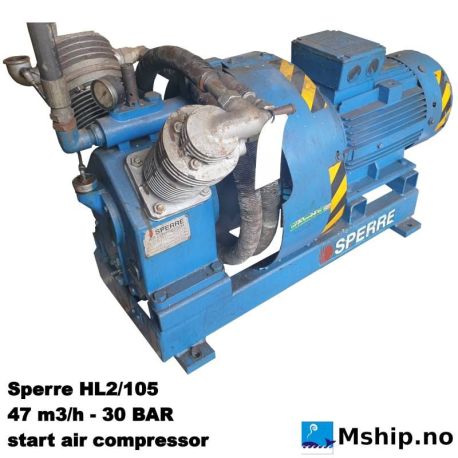 Sperre HL2/105 — Manufacturer: Sperre, Model: HL2/105, Serial number: 1051128, kW: 17,3, RPM: 1750, Number of cylinders: 2, Class: DNV, Amps: 30,5, Volt: 460, HZ: 60, m³ /h, cubic meter per hour capacity: 47, Electric motor type: BEVI 1D160L, Working pressure BAR: 30, Test Pressure BAR: 45