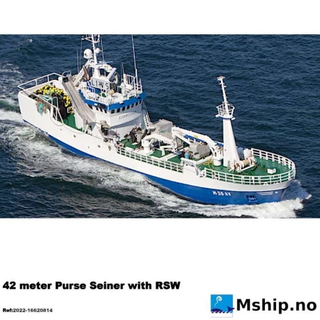 42m High-Efficiency RSW Purse Seiner vessel. — Manufacturer: VAAGLAND båtbyggeri, NORWAY, Model: 42 meter Purse Seiner with RSW, Arrangement number: Yard No: 72, Year: 1966, Rebuilt in 1988 and rebuilt and lengthened 1999 with new main engine, HP: 1802, kW: 1326, RPM: 1000, Running Hours: 8300 hrs since major overhaul. 42300 hrs since new, Cylinder bore: 256, Piston Stroke: 310, Number of cylinders: 6, Displacement: 95,7 liters, Cylinder configuration: In line, Fuel Type: Diesel, Class: Norwegian maritime directorate NMD, Other: Main engine. ABC 6 DZC-1000-166, year 1999.  1326 kW @ 1000 rpm, Generator 1: Volvo D12MG, 310 kW @ 50 Hz, Generator 2: Volvo TAMD163A-A, 380 kW @ 50 Hz, Aux engine for hydraulic pumps: Volvo TAMD162, 550 hp @ 2050 rpm - used to drive hydraulic thrusters, Gear type: VOLDA ACG 450 CPP gear. Liaaen 4-bladed C/P prop in nozzle, 126 rpm., Capacity, Nominel kilocalorie per hour (kcal/h): RSW capacity about 800.0000 kcal/h. RSW cooling system is Ammonia (NH3), Length Overall LOA Meter: 42.0 Meter, Length between Perpendicular Meter: 37.997 Meter, Molded Breadth Meter: 7.62 Meter, Draft (Maximum) Meter: 4.622 meter, Gross tonnage ITC (registred): 395, Net Tonnage  ITC (registred): 118, RSW Fish tanks: 10 tanks @ 40M³, total 400M³ fish tanks with RSW, Rudders / steering gear: Becker rudder