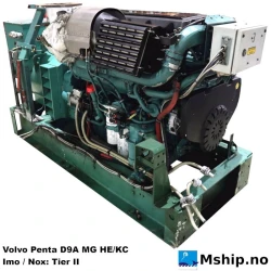 Volvo Penta D9A MG HE/KC — Manufacturer: Volvo Penta, Model: D9A MG HE/KC, Serial number: several, Performance specification: 869348 / 869348, Year: 2006, HP: 410, kW: 306, RPM: 1800, Cylinder bore: 120 mm, Piston Stroke: 138 mm, Number of cylinders: 6, Displacement: 9,364 Liter, Cylinder configuration: In line, Rotation direction: CCW - Counter clockwise seen from aft, Fuel Type: Diesel, Generator end type: Stamford HC.M434D1, Amps: 320, Volt: 440, HZ: 60, kVA: 244