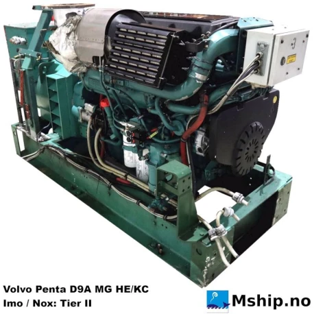 Volvo Penta D9A MG HE/KC — Manufacturer: Volvo Penta, Model: D9A MG HE/KC, Serial number: several, Performance specification: 869348 / 869348, Year: 2006, HP: 410, kW: 306, RPM: 1800, Cylinder bore: 120 mm, Piston Stroke: 138 mm, Number of cylinders: 6, Displacement: 9,364 Liter, Cylinder configuration: In line, Rotation direction: CCW - Counter clockwise seen from aft, Fuel Type: Diesel, Generator end type: Stamford HC.M434D1, Amps: 320, Volt: 440, HZ: 60, kVA: 244