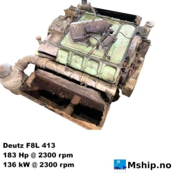 Deutz F8L 413 — Manufacturer: Deutz, Model: F8L 413F, Serial number: 8096189, HP: 165, kW: 123, RPM: 1800, Running Hours: 7917, Cylinder bore: 125 mm, Piston Stroke: 130 mm, Number of cylinders: 8, Displacement: 12,8 Liter, Cylinder configuration: V-engine, Rotation direction: CCW - Counter clockwise seen from aft, Fuel Type: Diesel, Weight: 830 kg, Without starter/dynamo, but with a flywheel and flywheel housing.