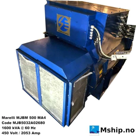 Marelli MJBM 500 MA4 — Manufacturer: Marelli Motori, Model: MJBM 500 MA4, Manufacturers part number: MJB5032A02680, Arrangement number: AVR code M40FA610A, Serial number: MT 16403, Performance specification: PF 0,8, Year: 2007, RPM: 1800, Rotation direction: CCW - Counter clockwise seen from aft, Class: DNV, Weight: 4100 kg, Amps: 2053, Volt: 450, HZ: 60, kVA: 1600
