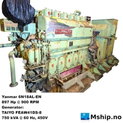 Yanmar 6N18AL-EN 750 kVA generator — Manufacturer: Yanmar, Model: 6N18AL-EN, Serial number: 2033 FSN, Year: 1997, HP: 897, kW: 669, RPM: 900, Cylinder bore: 180 mm, Piston Stroke: 280 mm, Number of cylinders: 6, Displacement: 42,75 L, Cylinder configuration: In line, Fuel Type: Diesel, Class: NK, Generator end type: TAIYO FEAW41DS-8 No 237343, Amps: 962, Volt: 450, HZ: 60, kVA: 750